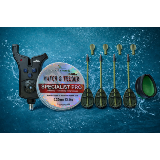 Set Pescuit Feeder Complet – Fir 0.25mm Pro 300m + 4x Method Feeder + Matriță + Avertizor LED VTS