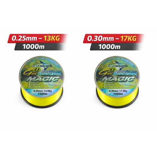 Set 2 Fire Monofilament Pescuit 1000m EastShark Magic – 0.25mm 13kg + 0.30mm 17kg Galben – Crap Somn