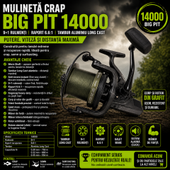 Mulinetă Crap Big Pit 14000, 9+1 Rulmenți, Raport 6.6:1, Tambur Long Cast Aluminiu, Anti-Revers