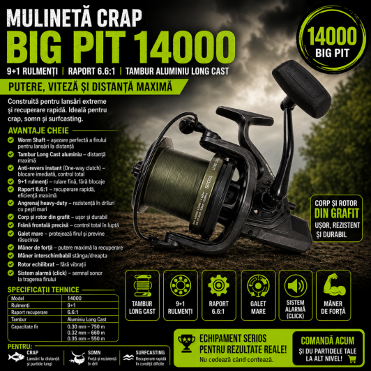 Mulinetă Crap Big Pit 14000, 9+1 Rulmenți, Raport 6.6:1, Tambur Long Cast Aluminiu, Anti-Revers