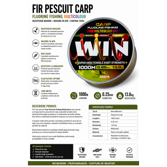 Fir Pescuit Crap Fluorine Multicolour 1000m 0.25mm 13kg Rezistență Maximă