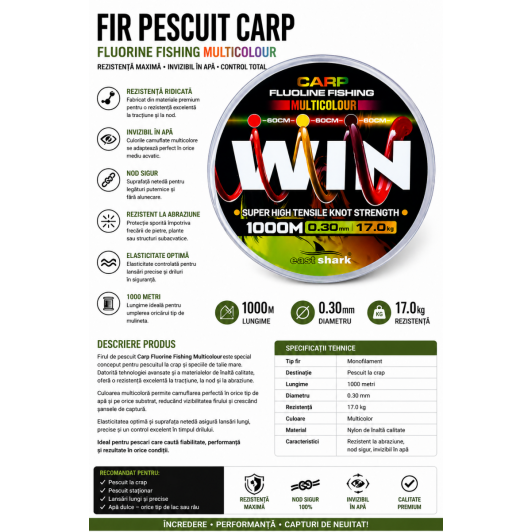 Fir Pescuit Crap Fluorine Multicolour 1000m 0.30mm 17kg Rezistență Ridicată
