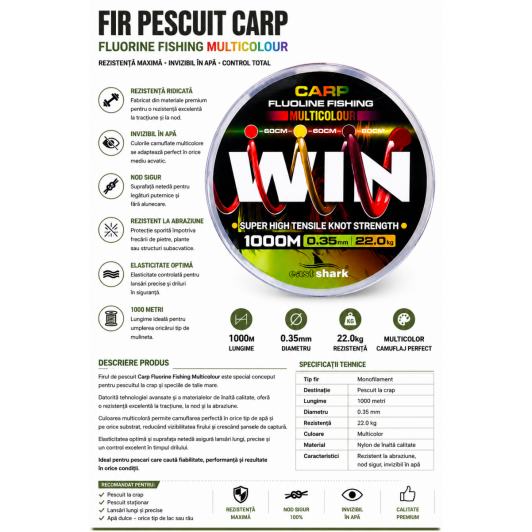 Fir Pescuit Crap Fluorine Multicolour 1000m 0.35mm 22kg Putere Maximă