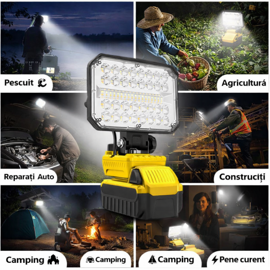 Lampă Lucru LED Acumulator lithiu 18 V 3500 mAh 80W Lumină Caldă si Rece Port USB Încărcător Telefon