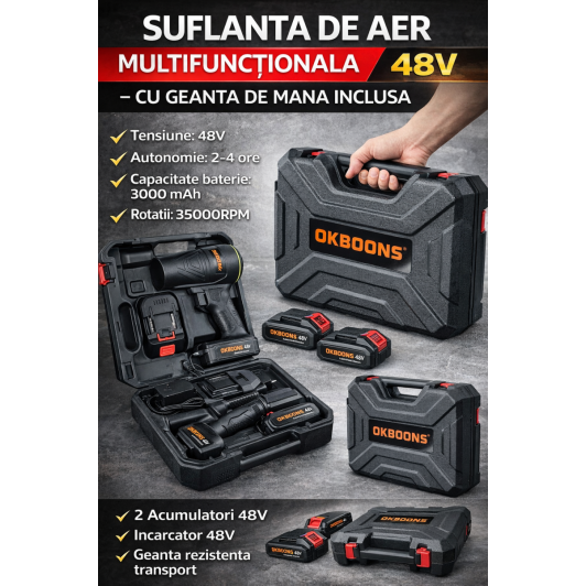 Suflantă de Aer Multifunctionala cu Geanta inclusa 48 V 2 Acumulatori 3000mAh Gratar, Frunze, Praf