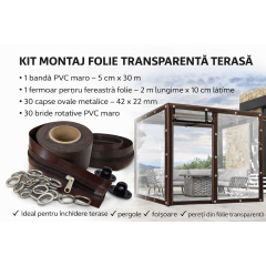 Kit montaj folie transparentă terasă 1bandă PVC 5 cmx30m+30capse ovale+30bride rotative+1fermoar 2 m
