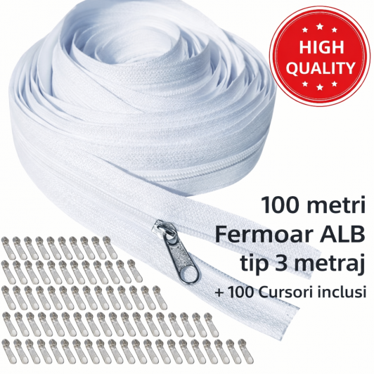 Fermoar metraj ALB TIP 3 rola 100 metri + 100 Cursori cheite incluse pentru confectii textile Fermoar metraj ALB TIP 3 rola 100 metri + 100 Cursori cheite incluse pentru confectii textile