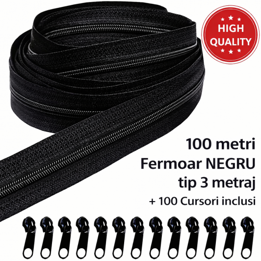Fermoar metraj NEGRU TIP 3 rola 100 metri + 100 Cursori cheite incluse pentru confectii textile Fermoar metraj NEGRU TIP 3 rola 100 metri + 100 Cursori cheite incluse pentru confectii textile