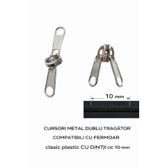 Set 2 CURSORI METAL cu DOI TRAGATORI  interior si exterior ptr fermoar clasic DINTII 10 mm latime