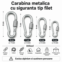 CARABINA Metalica cu SIGURANTA TIP FILET 6 cm lungime 5 mm grosime prindere rapida PRELATE CORTURI