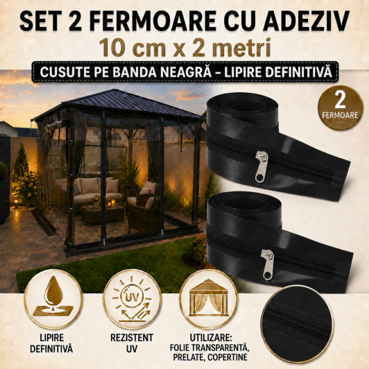 Set 2 Fermoare NEGRE CU ADEZIV ptrFOLIE TRANSPARENTA 10 cm x2 metri lungime cursor metal 2 tragatori