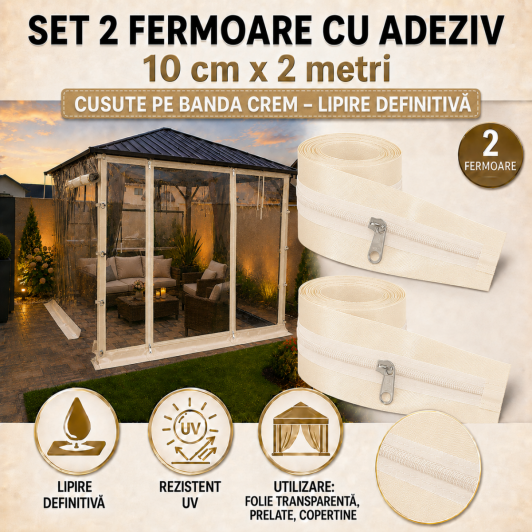 Set 2 Fermoare CREM CU ADEZIV ptrFOLIE TRANSPARENTA 10 cm x 2 metri lungime cursor metal 2 tragatori