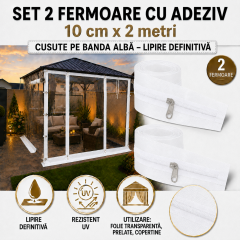 Set 2 Fermoare ALBE CU ADEZIV ptrFOLIE TRANSPARENTA 10 cm x 2 metri lungime cursor metal 2 tragatori