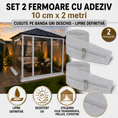 Set 2 Fermoare GRI CU ADEZIV ptrFOLIE TRANSPARENTA 10 cm x 2 metri lungime cursor metal 2 tragatori