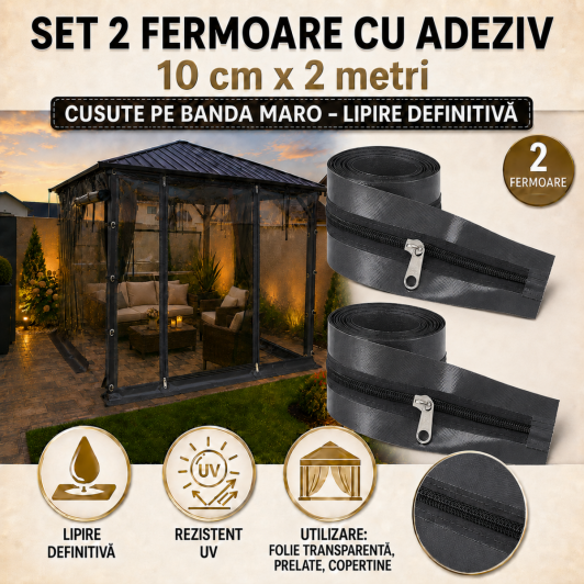 Set 2 Fermoare ANTRACIT CU ADEZIV FOLIE TRANSPARENTA 10 cmx2 metri lungime cursor metal 2 tragatori