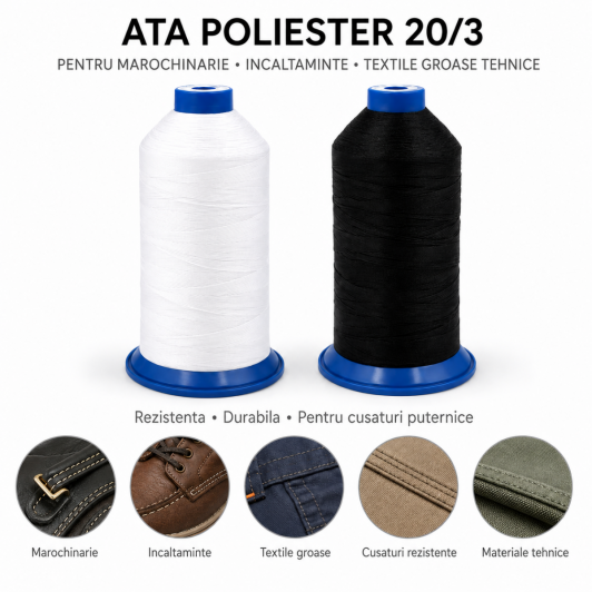 1 CON ATA NEAGRA POLIESTER 1500 metri finete 20/3 pentru pielarie prelate si textile groase 1 CON ATA NEAGRA POLIESTER 1500 metri finete 20/3 pentru pielarie prelate si textile groase