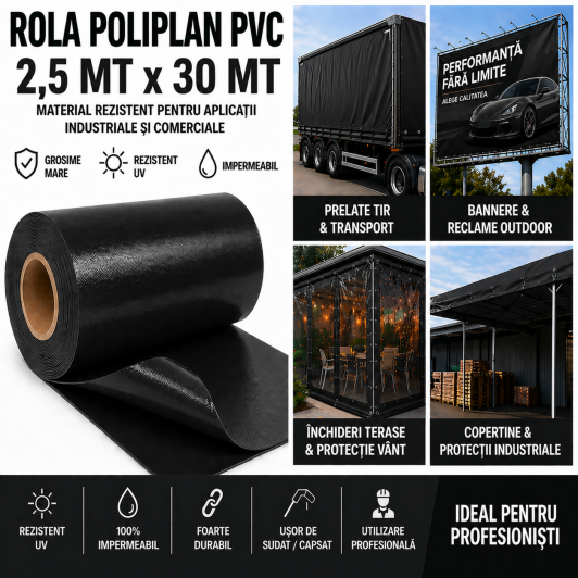 Rola POLIPLAN NEGRU Prelata 2,5 metri x 30 metri, 75 mp 650 gr/ m2 Rola POLIPLAN NEGRU Prelata 2,5 metri x 30 metri, 75 mp 650 gr/ m2