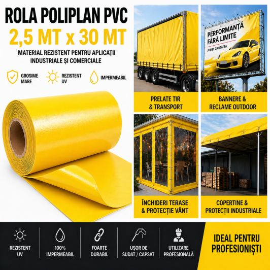 Rola POLIPLAN GALBEN Prelata 2,5 metri x 30 metri, 75 mp 650 gr/ m2
