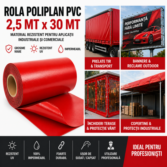 Rola POLIPLAN ROSU Prelata 2,5 metri x 30 metri, 75 mp 650 gr/ m2