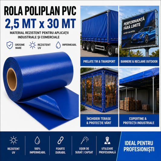 Rola POLIPLAN ALBASTRU Prelata 2,5 metri x 30 metri, 75 mp 650 gr/ m2