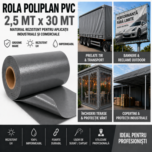Rola POLIPLAN ANTRACIT Prelata 2,5 metri x 30 metri, 75 mp 650 gr/ m2 Rola POLIPLAN ANTRACIT Prelata 2,5 metri x 30 metri, 75 mp 650 gr/ m2