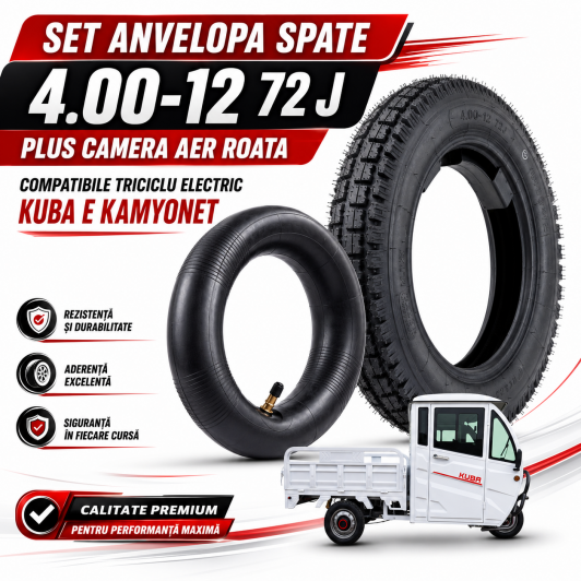 SET 1Anvelopa Cauciuc SPATE 4.00-12 72 J si 1Camera aer triciclu electric COMPATIBILE Kuba EKAMYONET