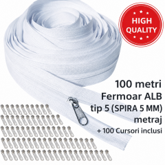 Fermoar metraj ALB TIP 5 rola 100 metri + 100 Cursori cheite incluse pentru confectii textile