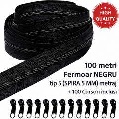 Fermoar metraj NEGRU TIP 5 rola 100 metri + 100 Cursori cheite incluse pentru confectii textile