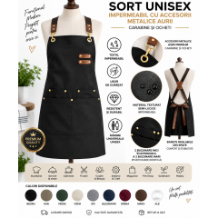 Sort NEGRU unisex TEXTIL IMPERMEABIL OCHETI CARABINE METALICE AURII ,barman,horeca,bucatarie,cafenea
