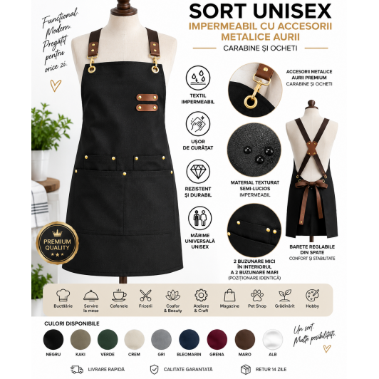 Sort NEGRU unisex TEXTIL IMPERMEABIL OCHETI CARABINE METALICE AURII ,barman,horeca,bucatarie,cafenea Sort NEGRU unisex TEXTIL IMPERMEABIL OCHETI CARABINE METALICE AURII ,barman,horeca,bucatarie,cafenea