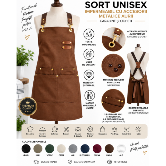 Sort MARO unisex TEXTIL IMPERMEABIL OCHETI CARABINE METALICE AURII ,barman,horeca,bucatarie,cafenea