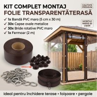 Kit complet montaj folie transparentă: 1 bandă PVC 30 m + 30 capse + 30 bride rotative + 1 fermoar