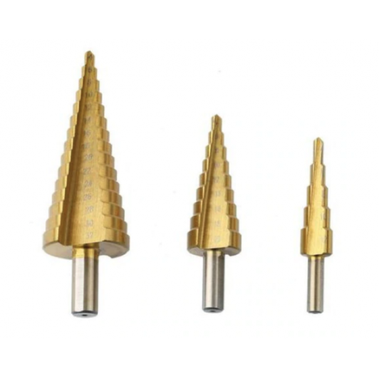 Set 3 Burghiu conic metal in trepte, spiral conic 4-32 mm