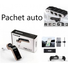 Pachet auto: Modulator FM mp3 + Priza bricheta tripla cu USB + Suport telefon