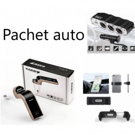 Pachet auto: Modulator FM mp3 + Priza bricheta tripla cu USB + Suport telefon