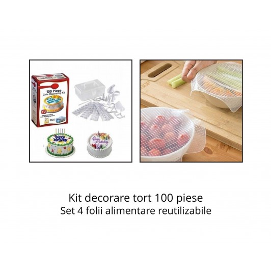 Kit decorare tort 100 piese + Set 4 folii alimentare reutilizabile