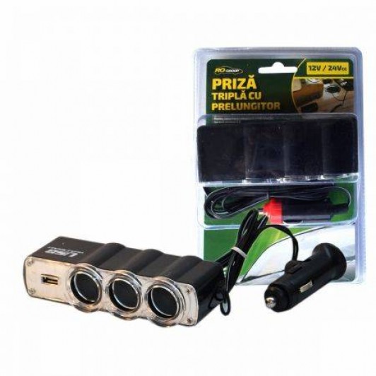 Priza auto tripla cu USB