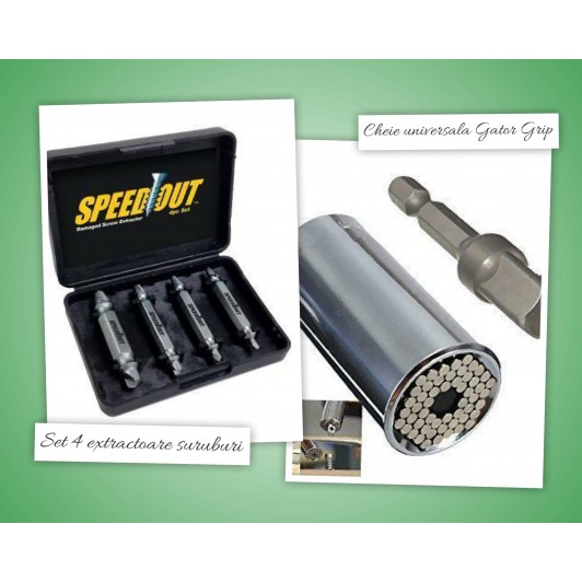 Set 4 extractoare suruburi + Cheie universala Gator Grip