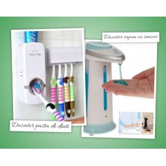 Pachet promo: Dozator de sapun cu senzor + dozator pasta de dinti + suport de perete