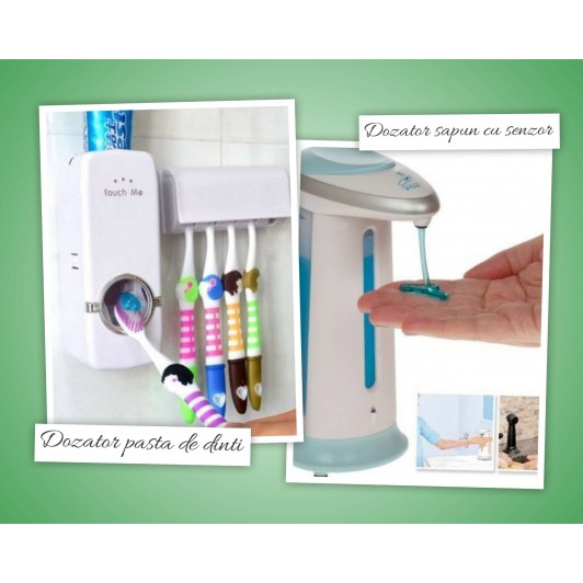 Pachet promo: Dozator de sapun cu senzor + dozator pasta de dinti + suport de perete