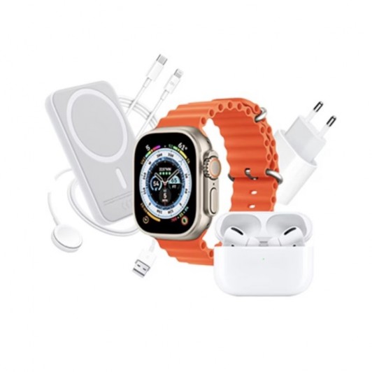 Set complet cu Smartwatch X8 de 2″, casti in-ear wireless, incarcator, cabluri, baterie externa
