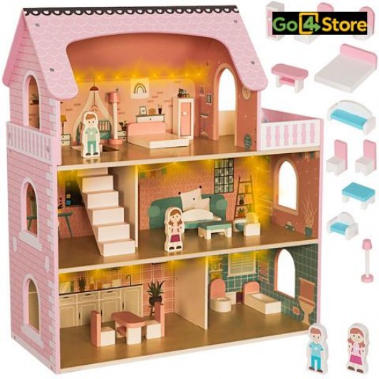 Casa de Papusi din Lemn cu Mobilier și Iluminare LED