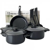 Vase de gatit antiaderente, 13 piese, Negre, Otel carbon durabil, Manere confortabile, Capac din sti