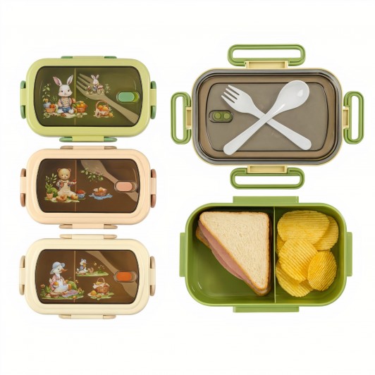 Caserola de Pranz pentru Copii 22x14x6cm, 2 Compartimente cu Lingurita si Furculita