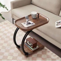 Masuta de cafea pentru living, design nordic in formă de C, cu 2 niveluri, pe roți 52x34x60cm