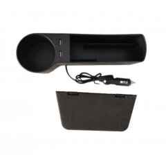 Organizator auto cu 2 porturi USB, suport de pahar si spatiu pentru telefon