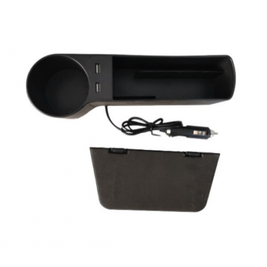 Organizator auto cu 2 porturi USB, suport de pahar si spatiu pentru telefon
