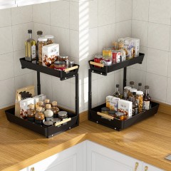 Organizator pentru bucatarie sau baie cu 2 rafturi retractabile, inaltime ajustabila, negru