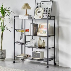 Raft Metalic cu 4 Polite si 3 Cosuri Pentru Depozitare, Roti, Dimensiuni 90x32x108 cm, Negru