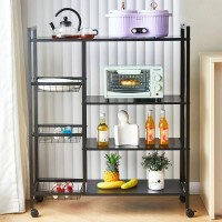 Raft Metalic cu 4 Polite si 3 Cosuri Pentru Depozitare, Roti, Dimensiuni 90x32x108 cm, Negru